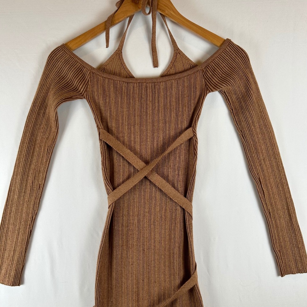 NBD Brown Ribbed Knit Stasia Halter Wrap Midi Dress Small - Picture 8 of 9